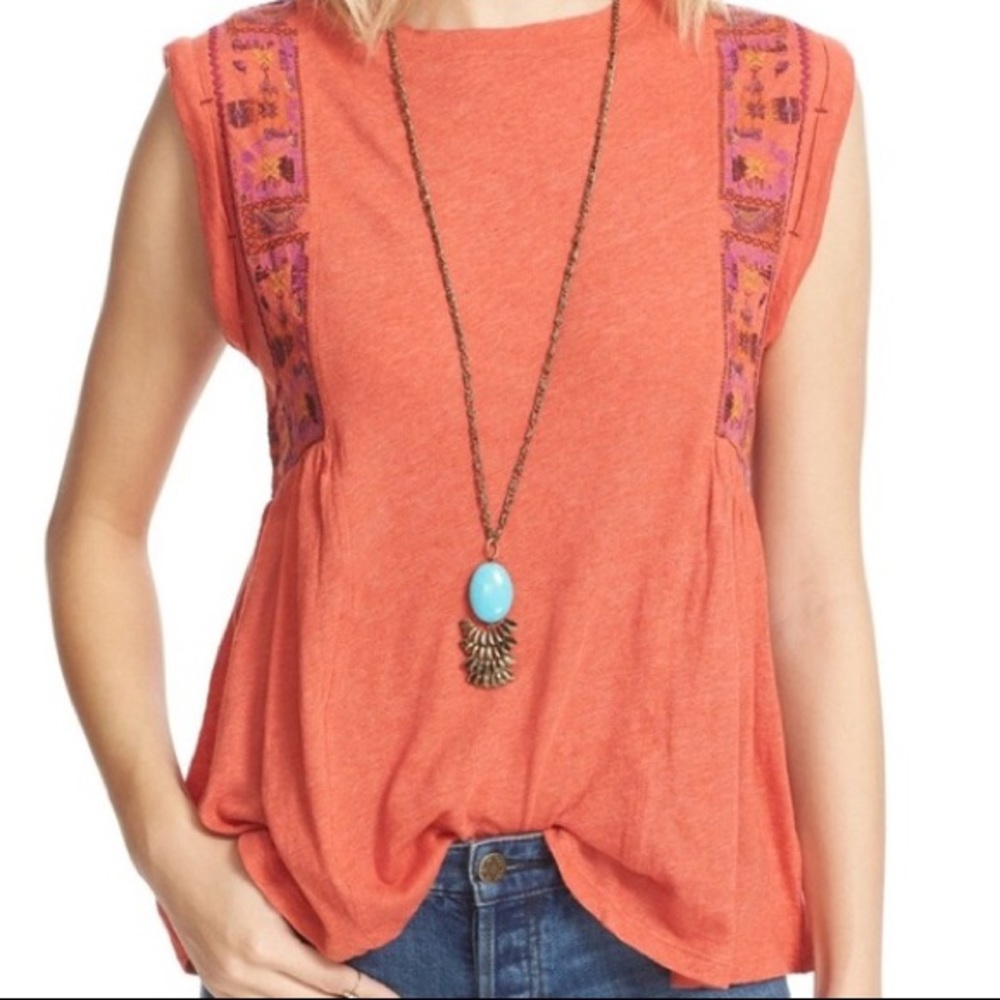 Free People Orange Embroidered Tank Top